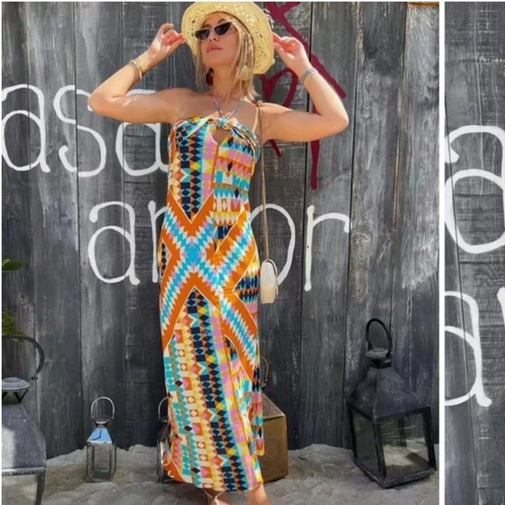 Zara NWT Bright Geometric Summer Beach Halter Midi Dress > Size XS